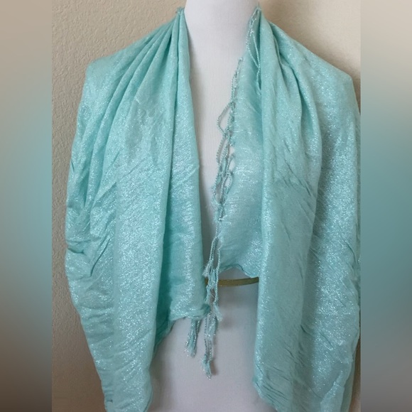 Mint color shawl with metallic silver thread soft shawl - Picture 7 of 13
